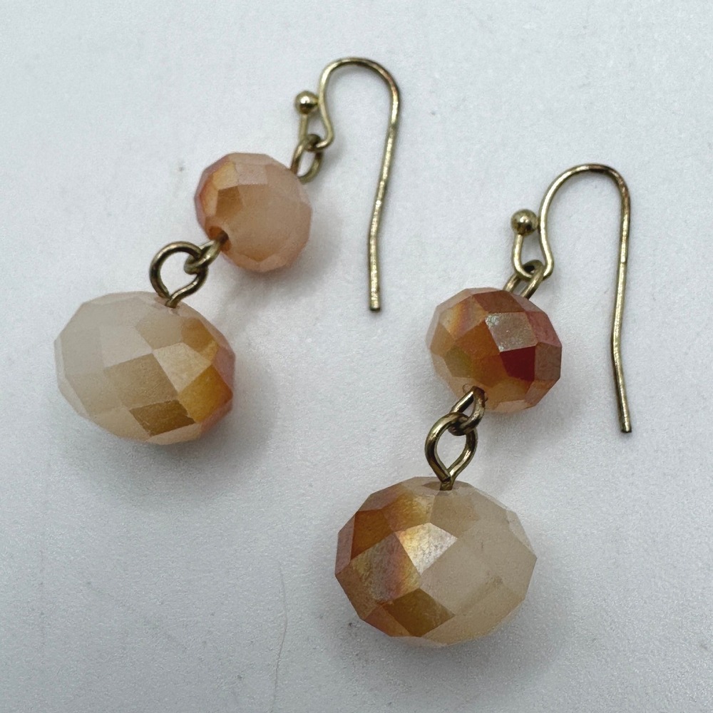 Handmade Iridescent Champagne Amber Faceted Glass Bead Double Drop Earrings